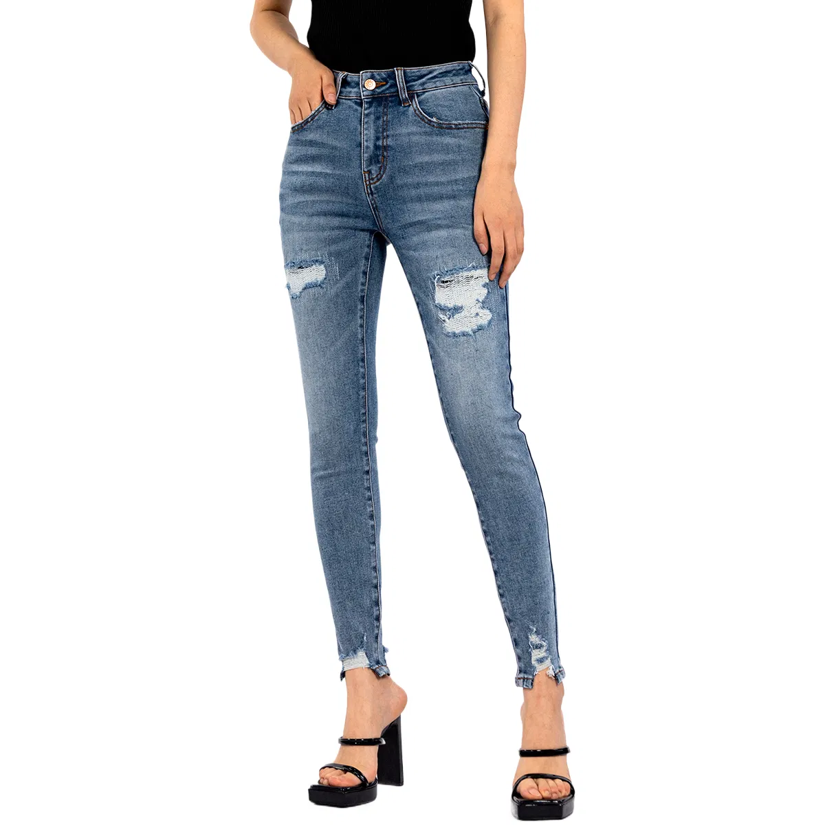 Custom Logo High Waist Tummy Control Ripped Cropped Jeans for Women