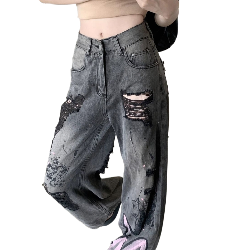 Retro Distressed Graffiti Ripped Ladies' Denim Pants American Style Hot Girl Loose Slim Fitting Straight Leg Trousers Wide Leg Long Pants Women's Jeans