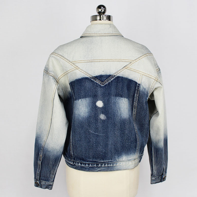 Women's Cotton Denim Customer Design DIP Bleach Contrast Cropped Button Lapel Short Jacket
