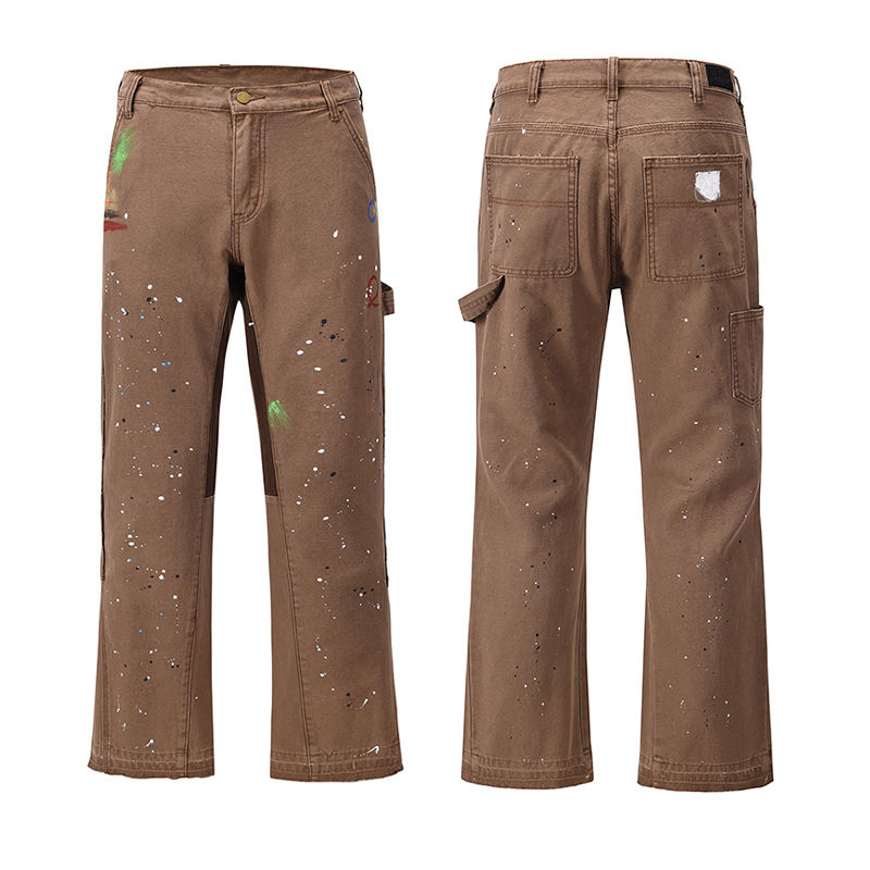 Factory Customized Hip-Hop Graffiti Cargo Denim Pants Khaki Black Trousers High Quality Splash Paint Wide Leg Jeans Men Flared Designer Denim Jeans