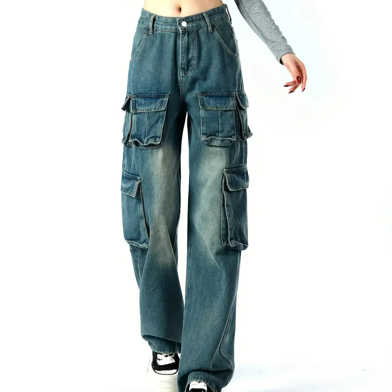 Versatile Women's High-Waisted Wide Leg Dark Washed Multi-Pockets Cargo Jeans