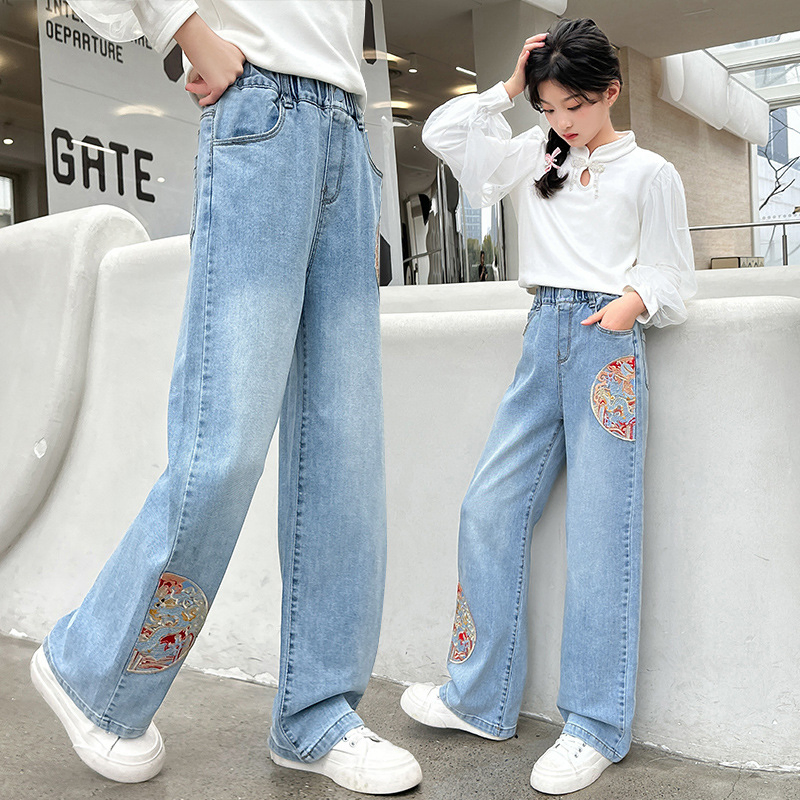Wholesale Girls Chinese Style Spring Autumn Fashion Thin Wear Straight Leg Jeans
