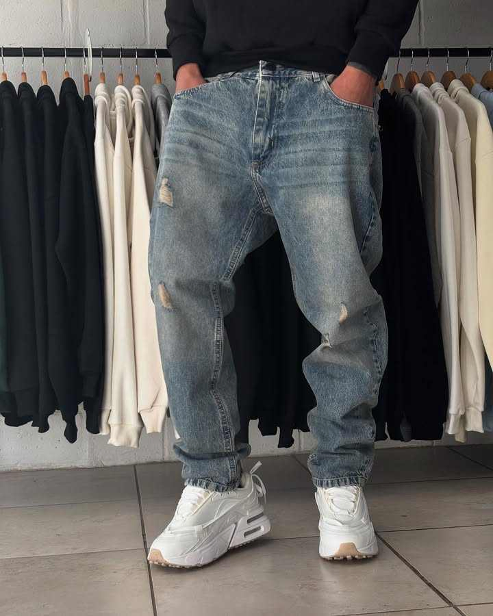 High Quality Custom Men's Distressed Straight Leg Vintage Wash Jean