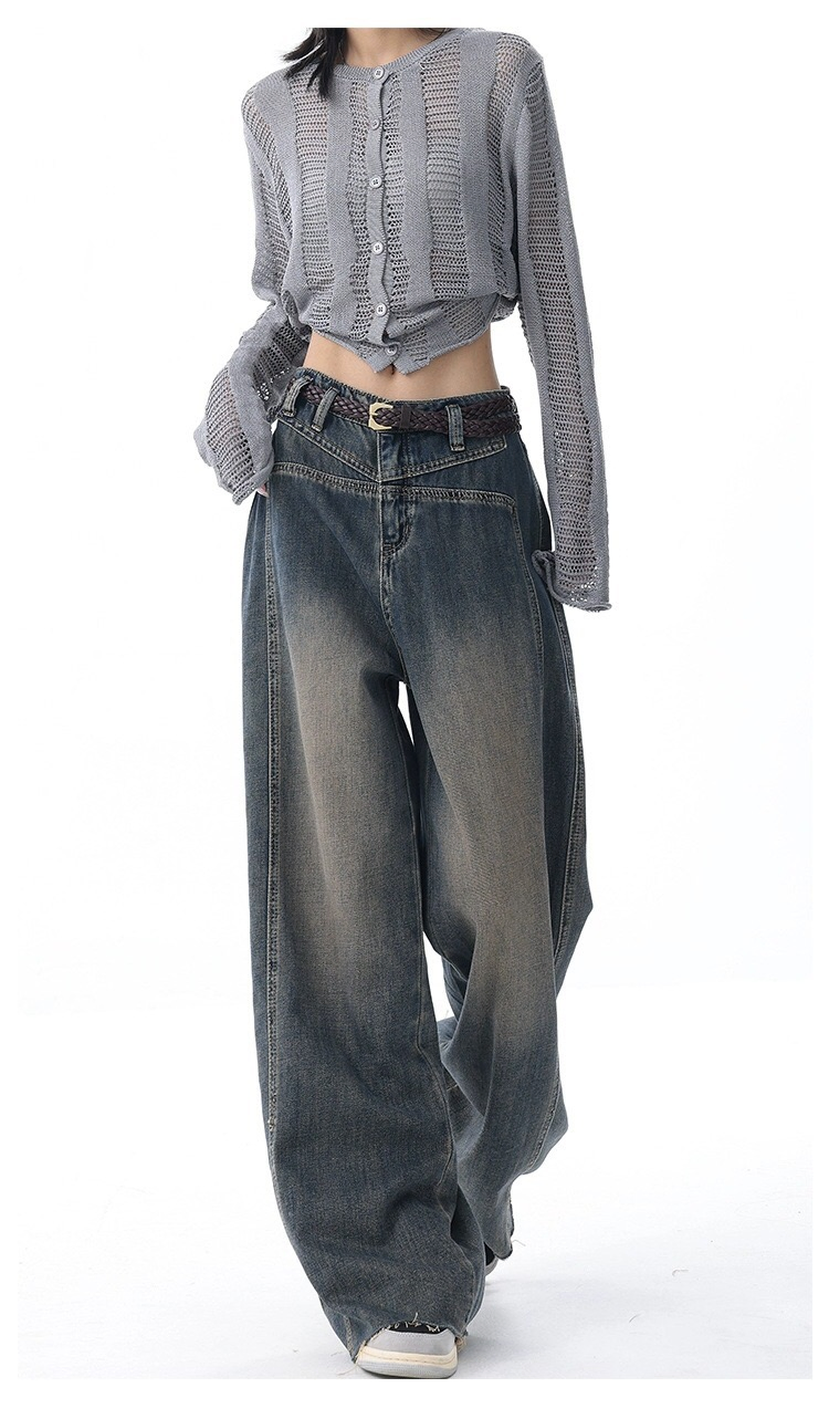 American Style High Street Retro Distressed Wide Leg Slimming High Waist Fashionable Women's Jeans
