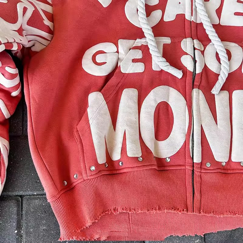 Custom Logo Men's Rhinestone Acid Wash Vintage Puff Printing Pullover Oversized Heavyweight Zip up 100% Cotton Fleece Terry Hoodies for Men