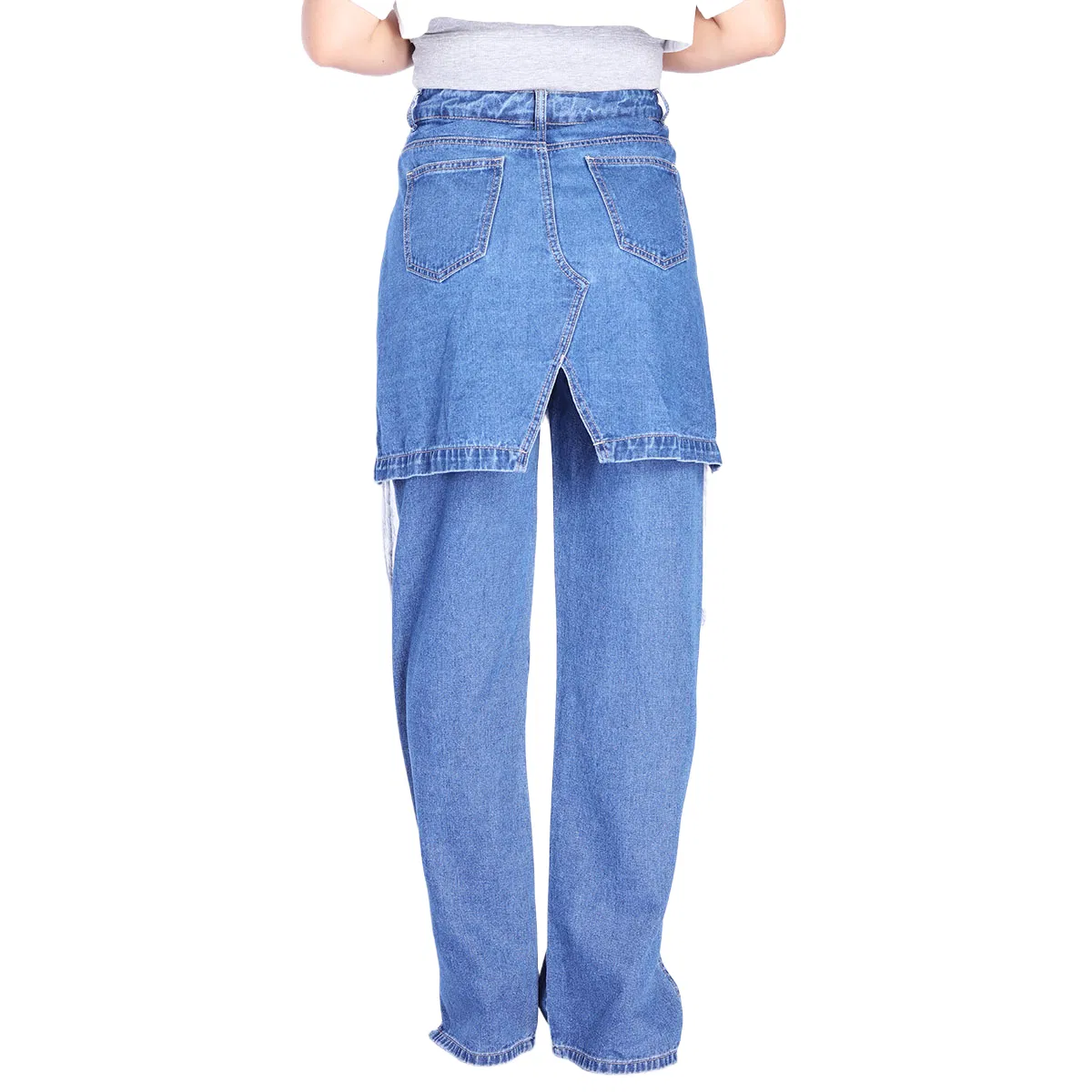 Custom Women Double Layer Patchwork Raw Hem Ripped Split Wide Leg Jeans