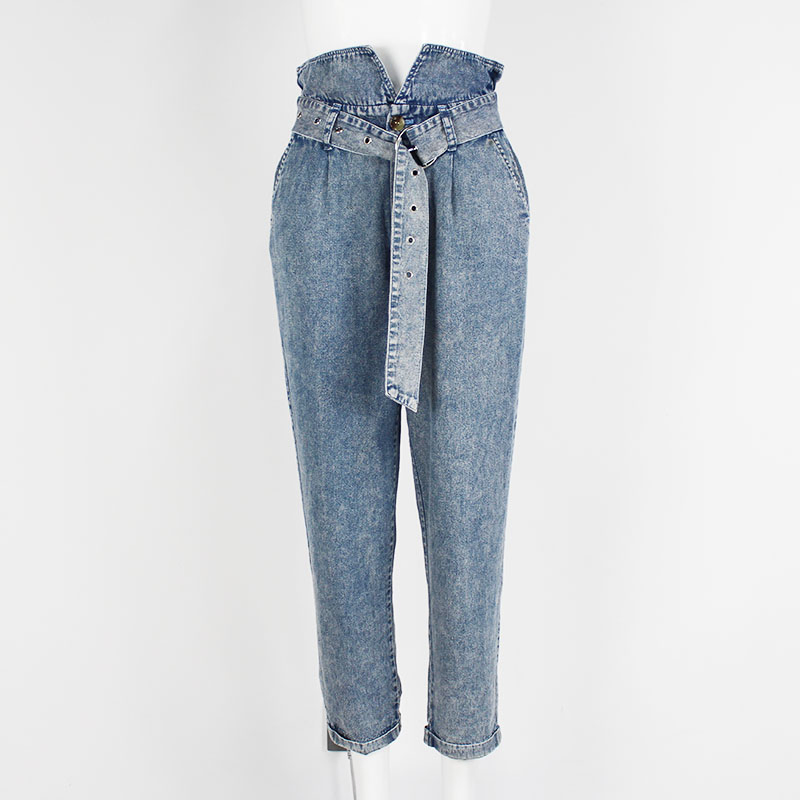 Women's Cotton Denim Acid Wash High Waist Cropped Pencil Jeans with Waistband