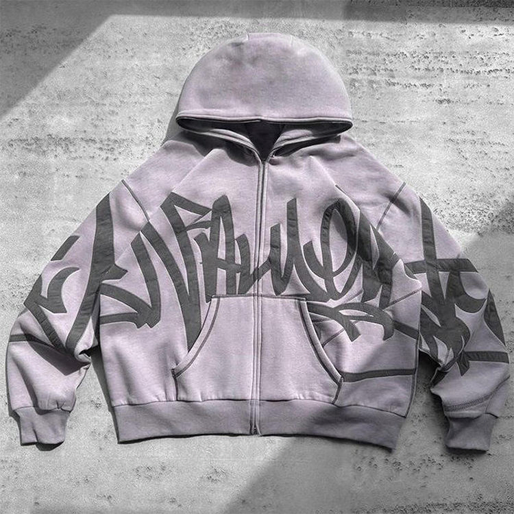 OEM Wholesale Custom Fashion Casual Loose Applique Patch Oversized Hoodies Unisex Street Zip up Hoodie