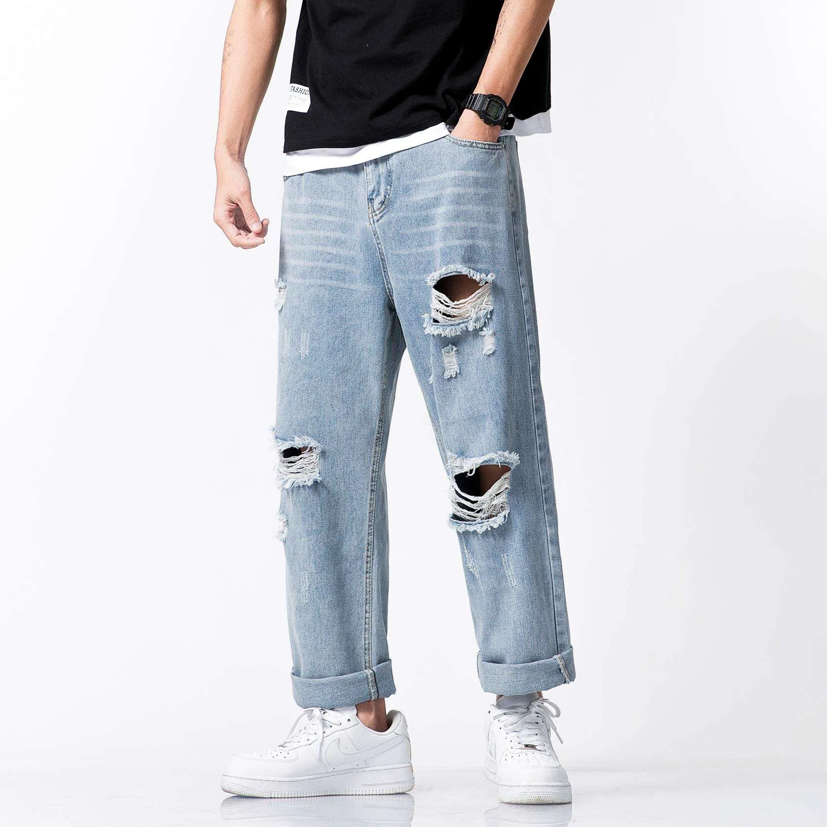 Fall Fashion Men's Street Style Washed and Frayed Distressed Casual Jeans