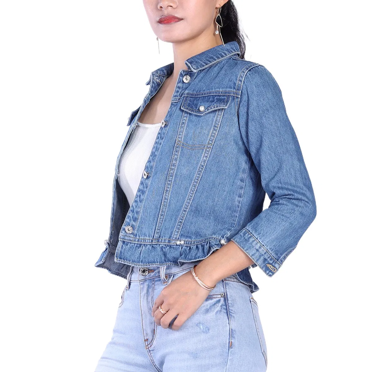 Custom Light Blue Pleated Ruffle Hem Cropped Denim Jackets for Women