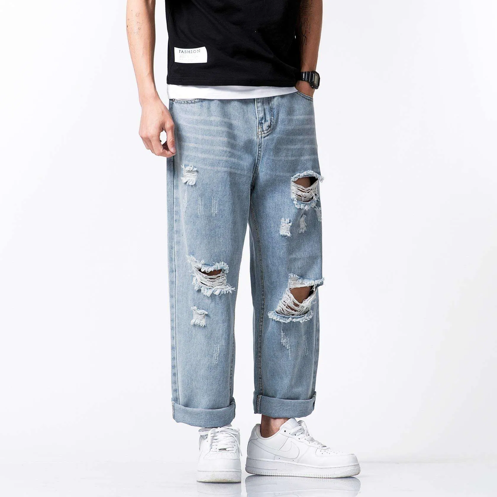 Fall Fashion Men's Street Style Washed and Frayed Distressed Casual Jeans