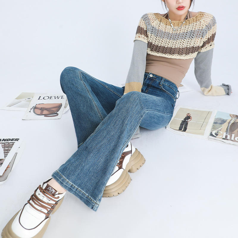 Spring/Summer High-Waisted Cropped Bell-Bottom Flared Jeans for Petite Women Quality Slim Fit Denim Pants Breathable Casual