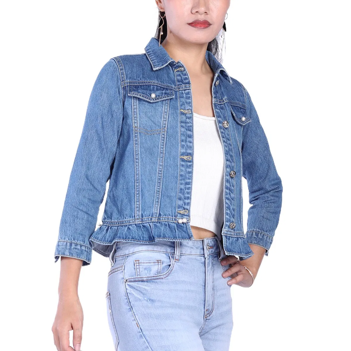 Custom Light Blue Pleated Ruffle Hem Cropped Denim Jackets for Women
