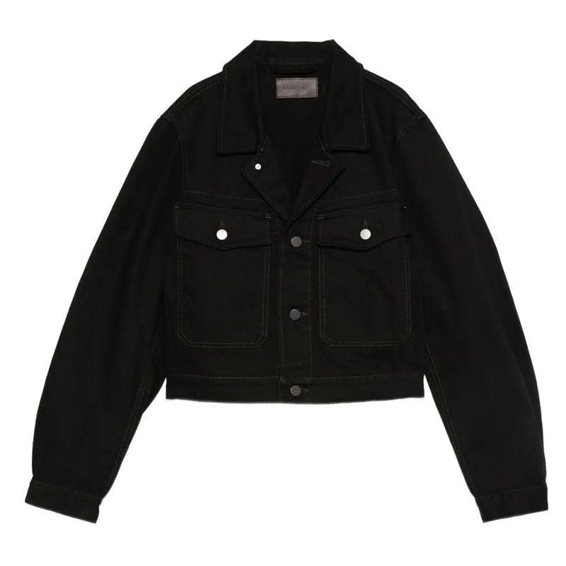 Jet Black Denim Jacket Bold Contrast Topstitching Utility Chest Pockets Classic Collar Button Front Cropped Silhouette