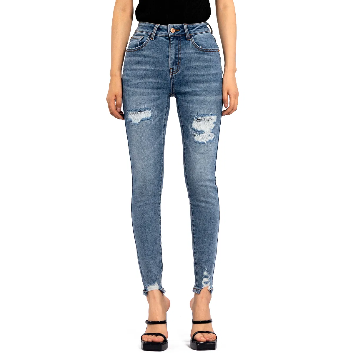 Custom Logo High Waist Tummy Control Ripped Cropped Jeans for Women