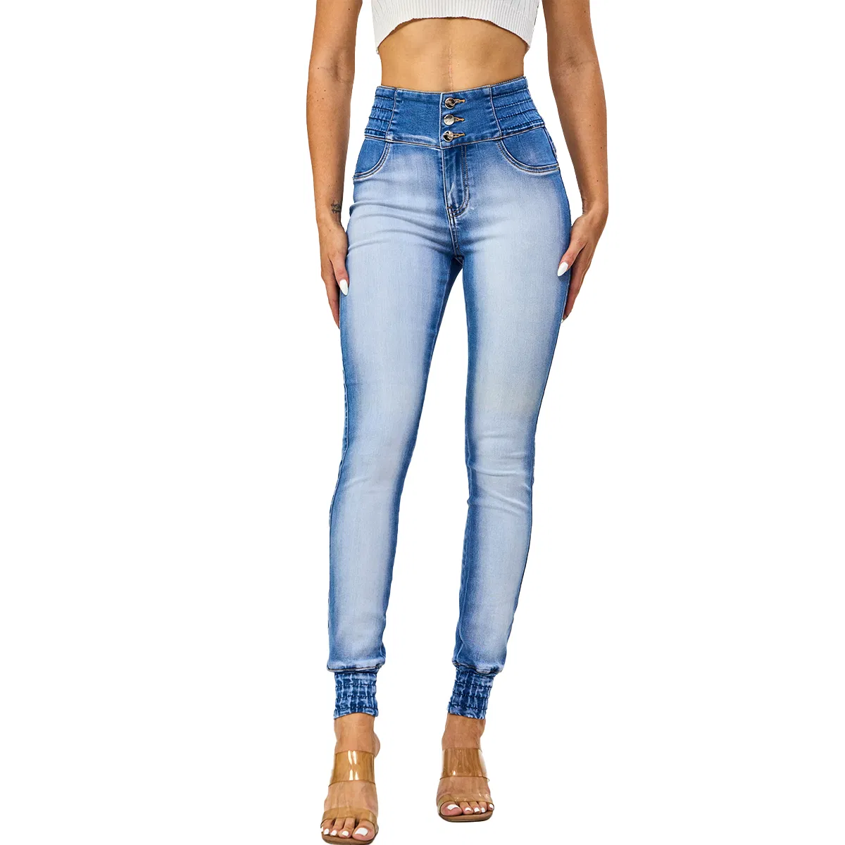 Custom Vibrant Medium Blue Bleach Pants Washed Pleated Hem Jogger Women Skinny Jeans