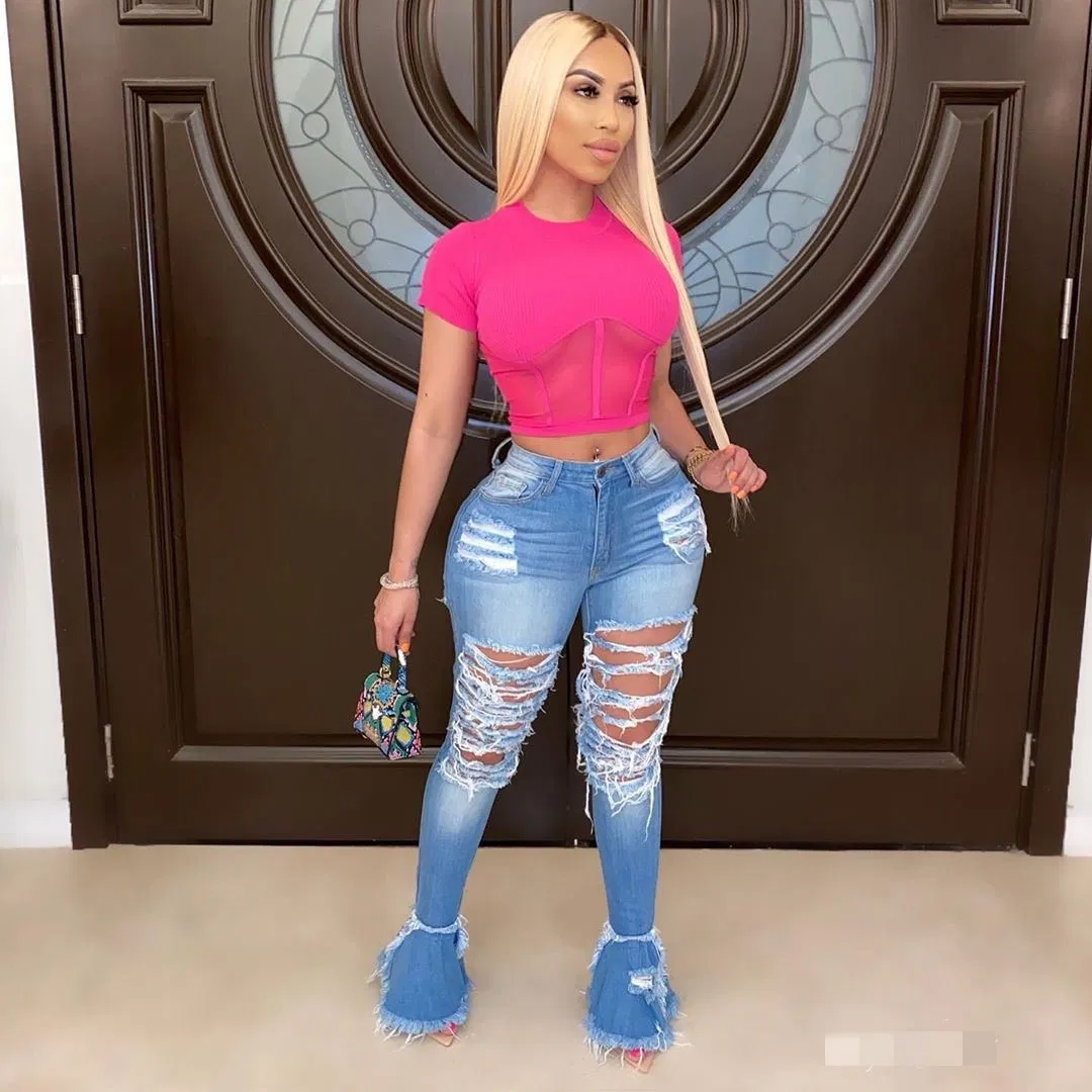 Custom New Fashion Demin Jeans Flare Ripped Comfy Stretch Skinny Hole Women Jeans