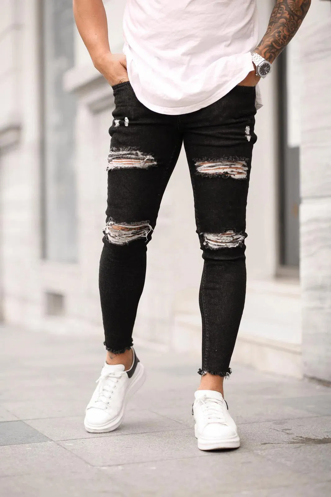 Wholesale High Quality Men's Ripped Stretch Skinny Pencil Jeans Cropped Jeans