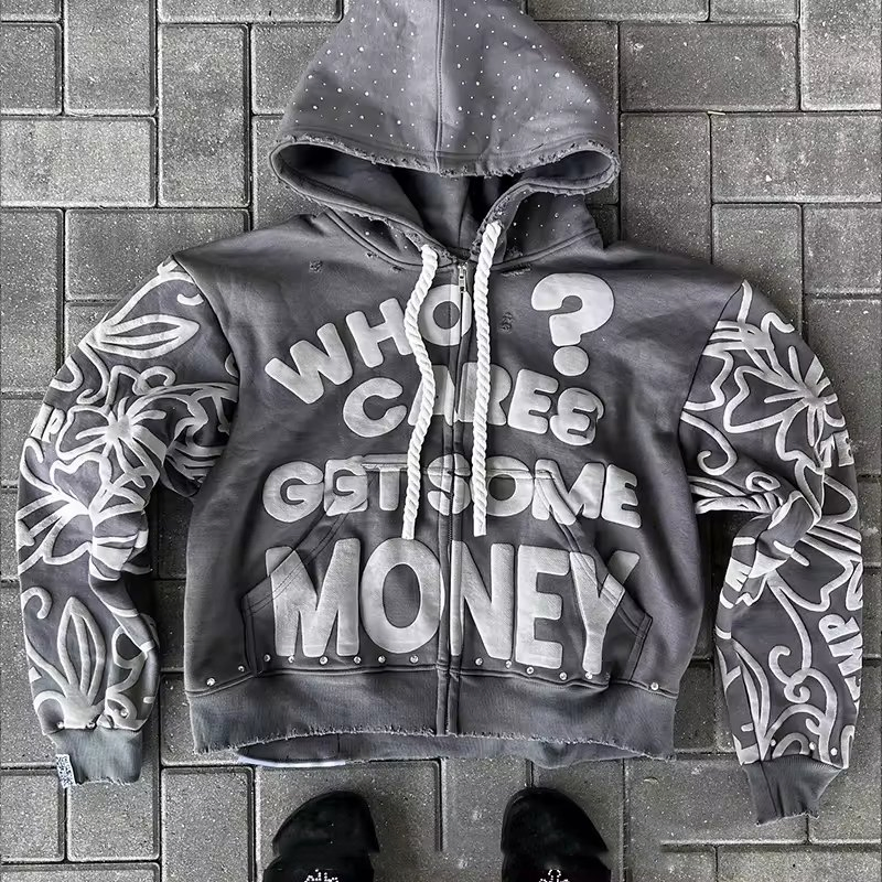 Custom Logo Men's Rhinestone Acid Wash Vintage Puff Printing Pullover Oversized Heavyweight Zip up 100% Cotton Fleece Terry Hoodies for Men