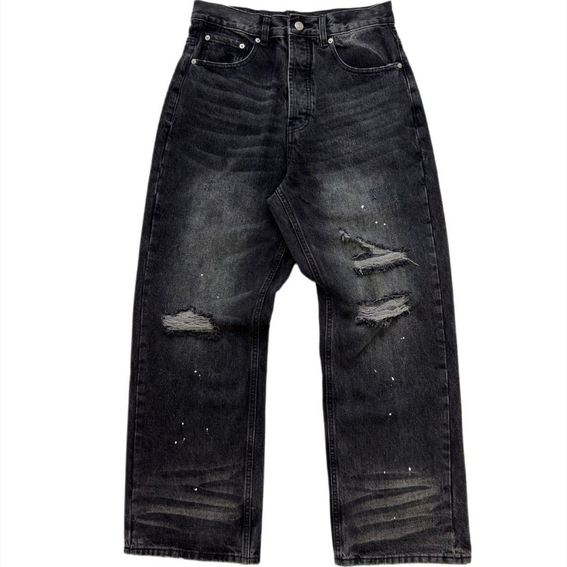 Summer New Design Ink Blurry Paint Stained Hole Frayed Whisker Loose Straight Leg Denim Long Pants A Line Style Black Men's Jeans