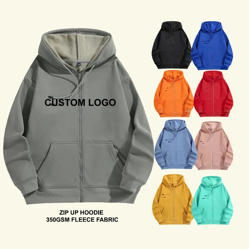 Unisex Custom 350GSM Blank Oversized Custom Logo Sweatshirts Warm Full Zip up Fleece Hoodie