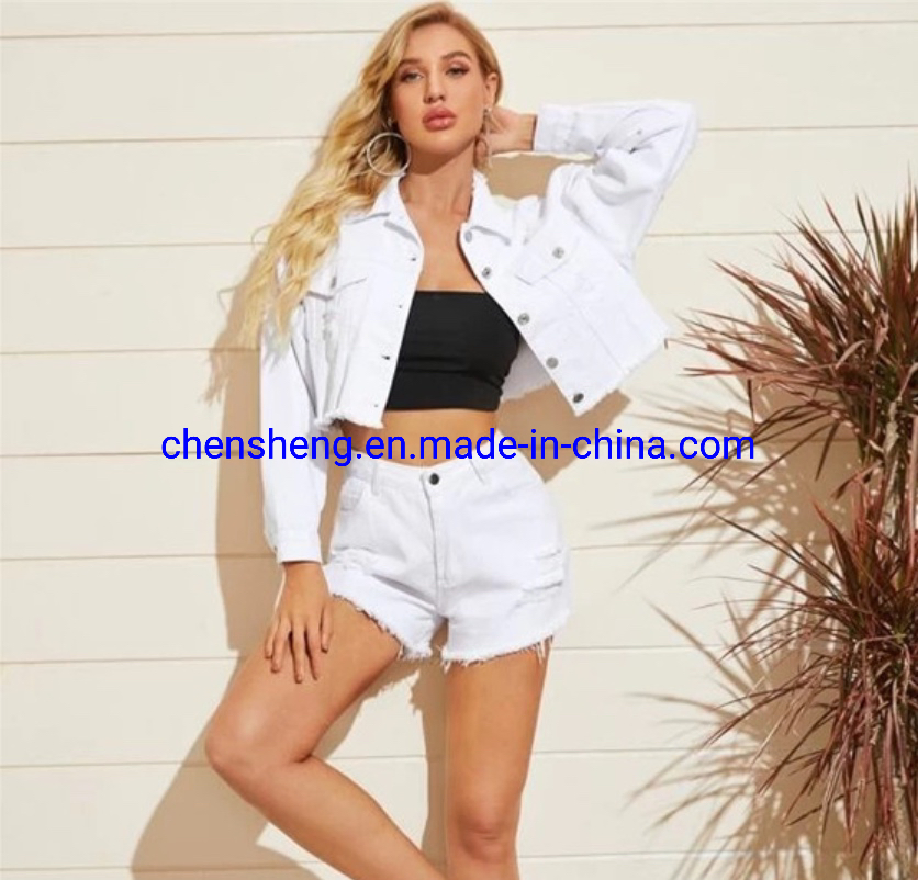 Wholesale Women's Lady Fashion Classic Frayed Cropped Washed Denim Jean Jacket Coat with Pocket