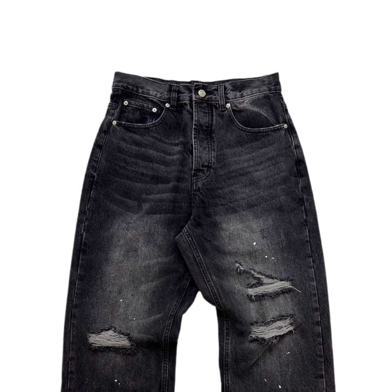 Summer New Design Ink Blurry Paint Stained Hole Frayed Whisker Loose Straight Leg Denim Long Pants A Line Style Black Men's Jeans
