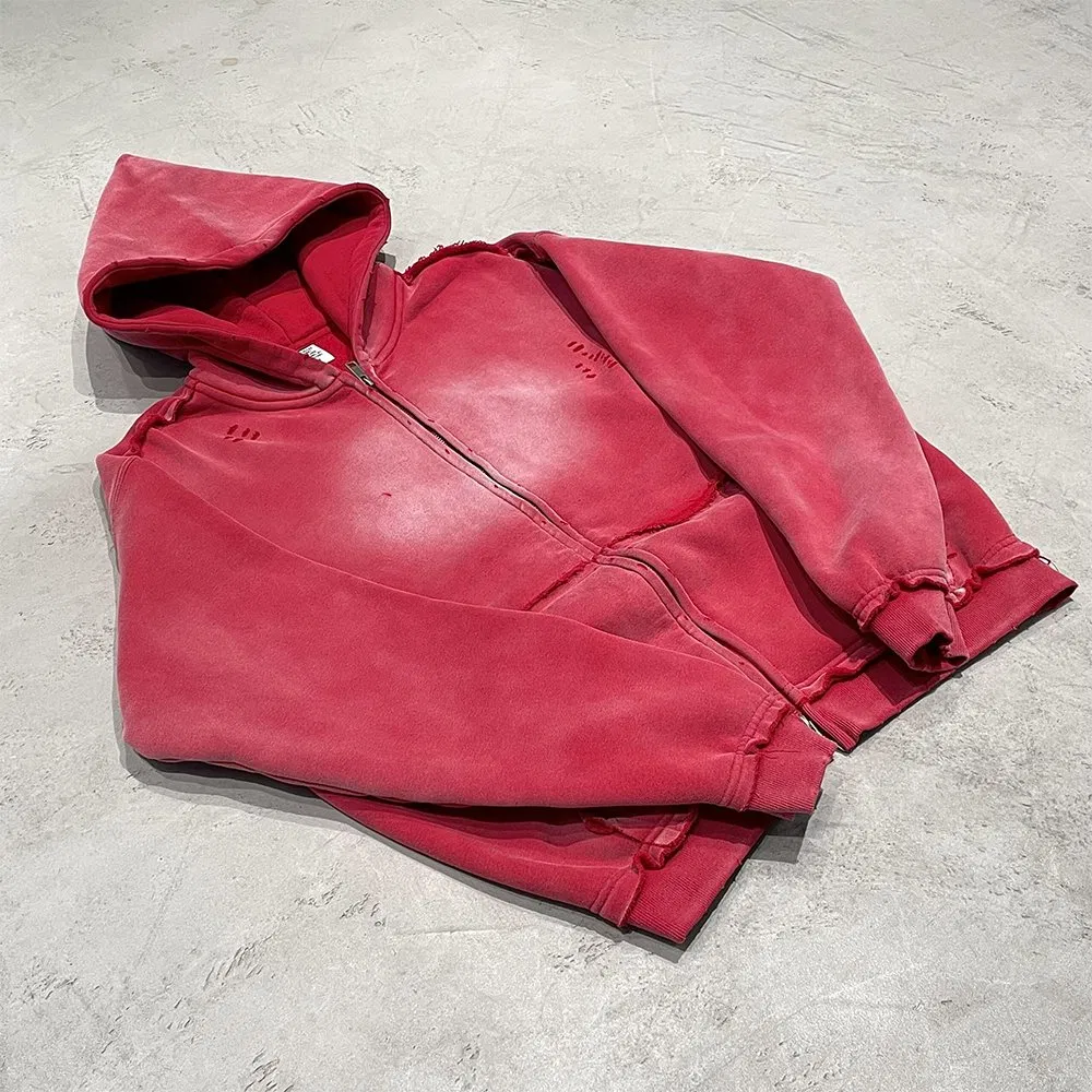 Custom Zip up Vintage Double Layer Acid Wash Sun Faded Distressed Hoodies