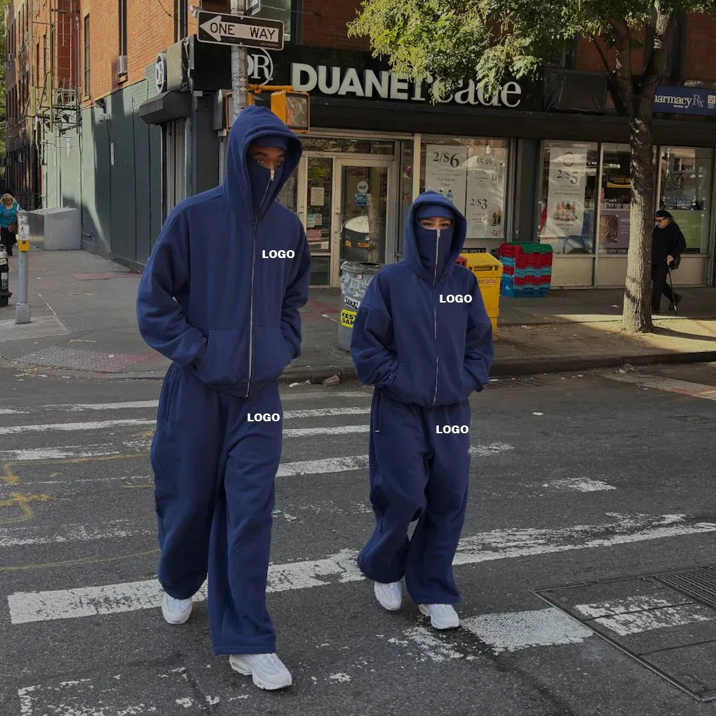 Custom Unisex Acid Wash 500GSM Cotton Full Zip up Double Hoody Unique Design Balaclava Hoodies Men's Streetwear Ninja Oversized Pullover Sweatshirt