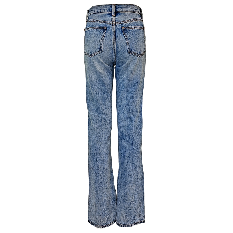 Custom Light Blue Wash Denim Flared Trousers High Waisted Scratched Women Wide Leg Jeans Ladies Long Pants