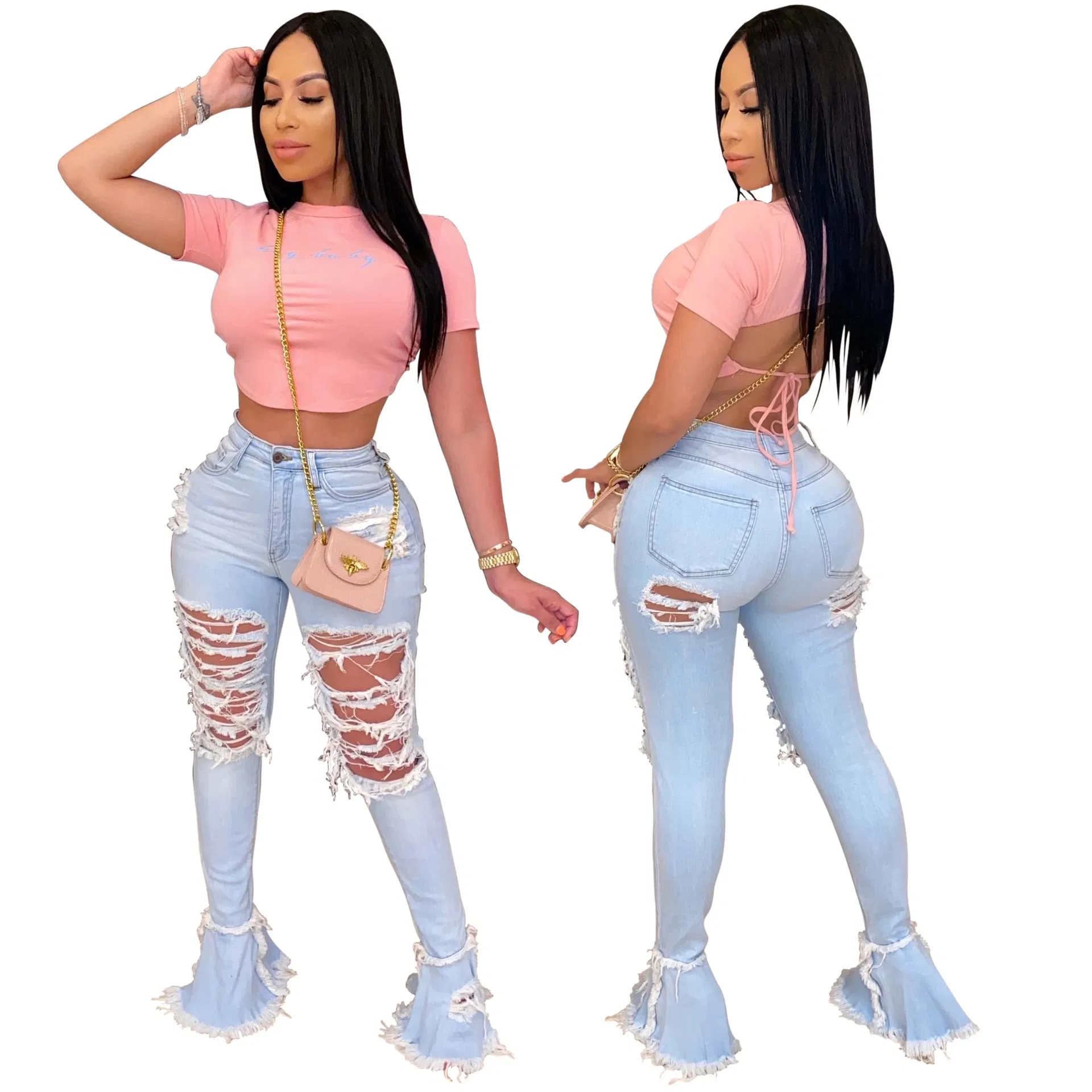 Custom New Fashion Demin Jeans Flare Ripped Comfy Stretch Skinny Hole Women Jeans