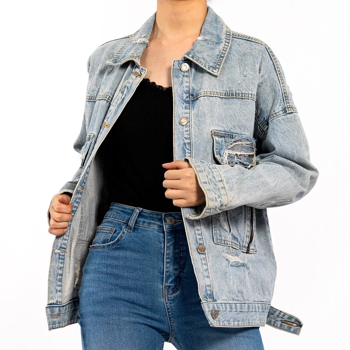 Custom Light Blue Oversized Ripped Vintage Denim Jean Jacket Women