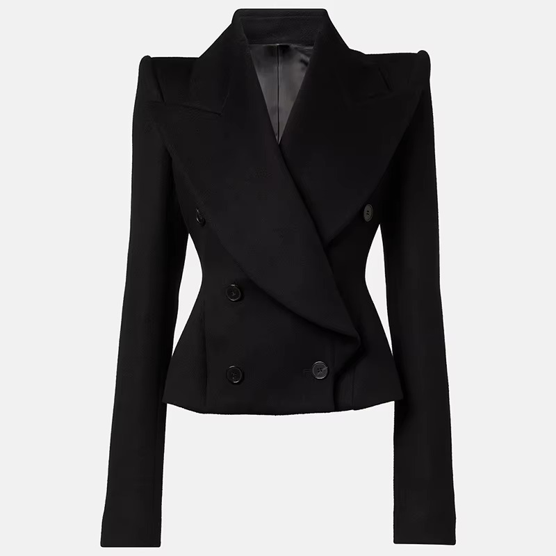Women V-Neck Office Woven Jacket Winter Elegant Black Cropped Double-Breasted Blazers Business Suits for Formal Ladies Women