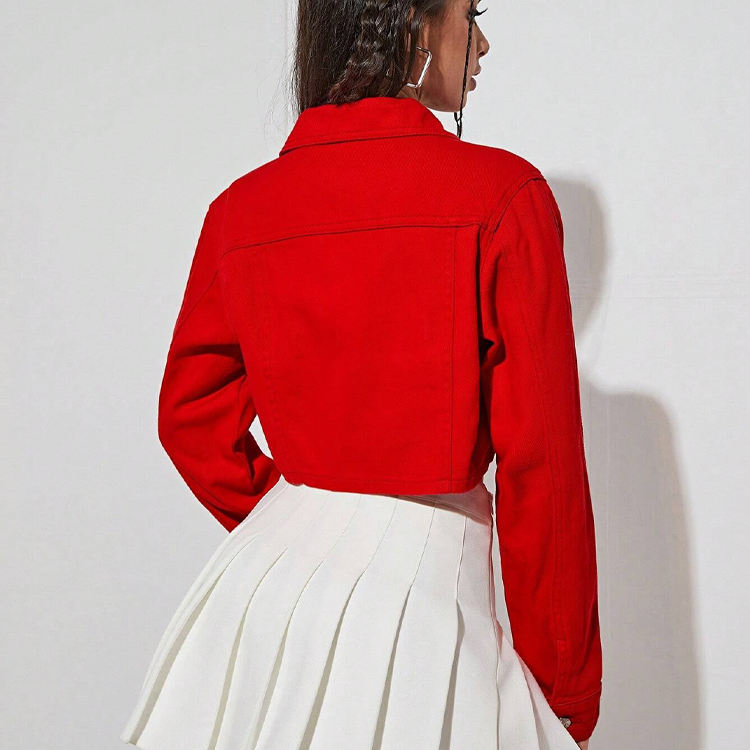 Women's Red Cropped Denim Jacket with Button Front and Flap Pockets