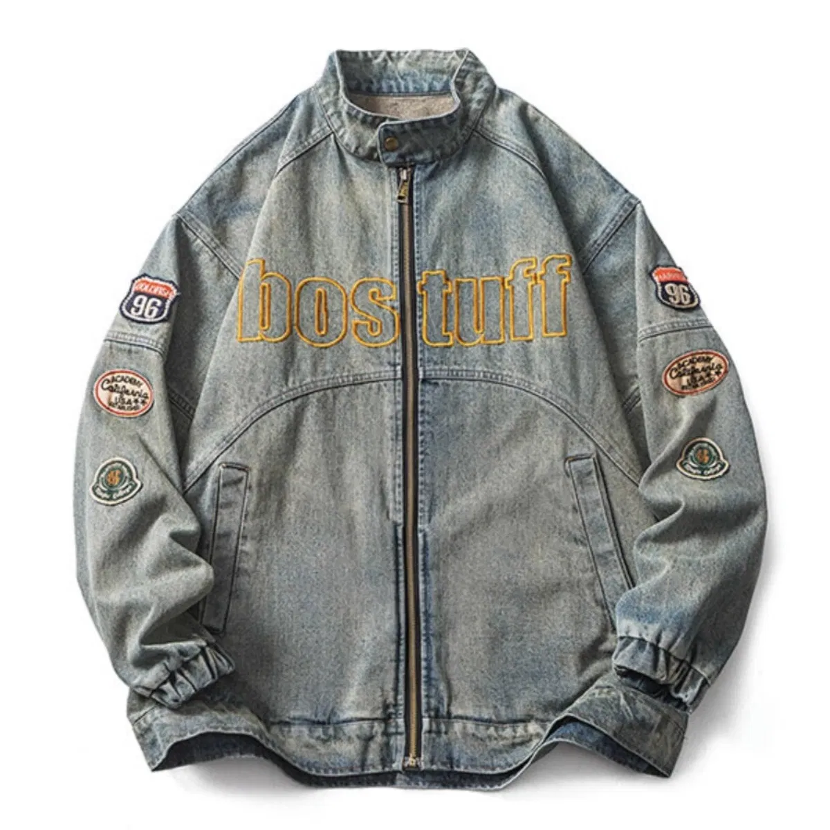Low MOQ Men Fashion Vintage Oversized Denim Bomber Jacket Embroidered Patchwork Casual Retro Jean Jacket