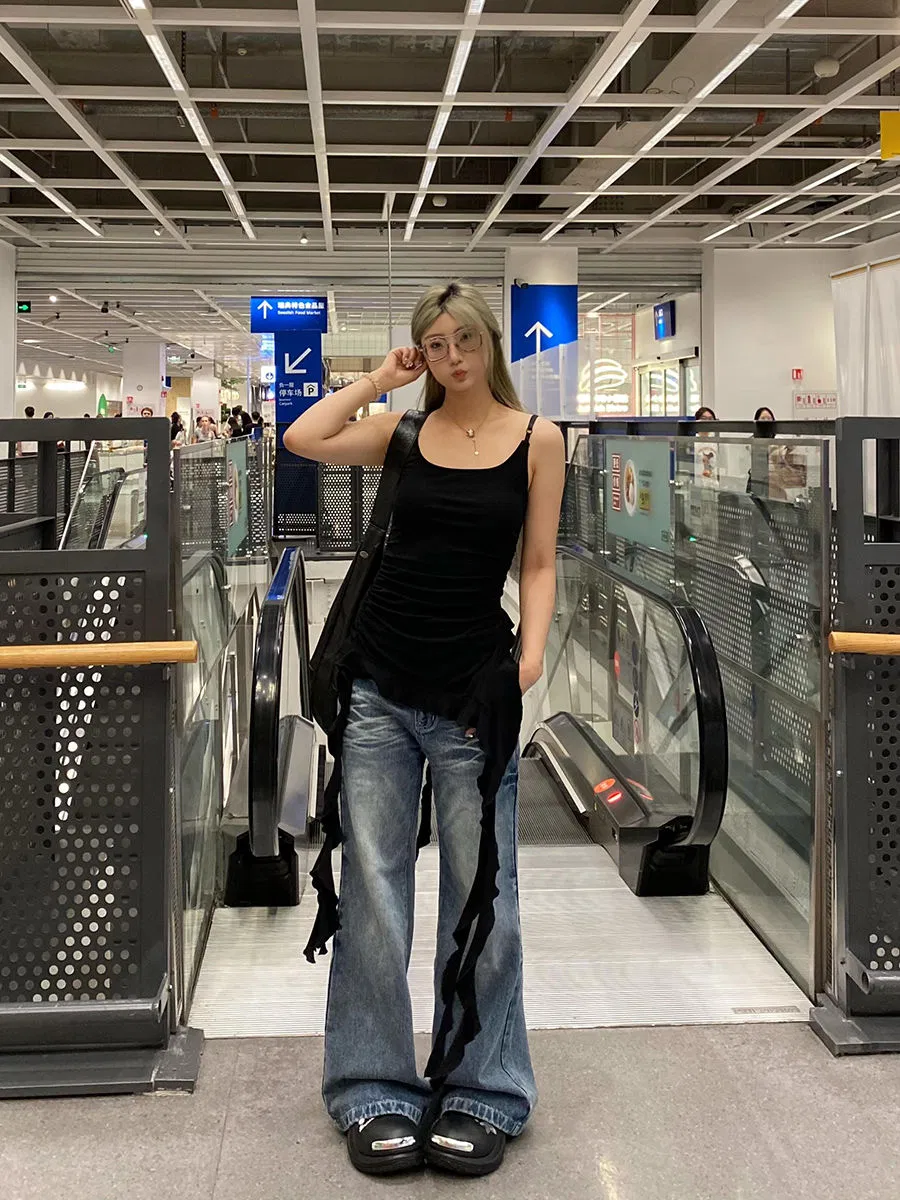 Px02 High-Waist Slim-Fit Vintage Straight-Leg Slightly Flared Jeans for Summer