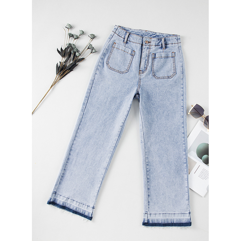 Dear-Lover New Arrivals Acid Wash Wide Leg Ladies Denim Jeans Blue Mujer Edge Pocketed Cropped Ladies Jeans