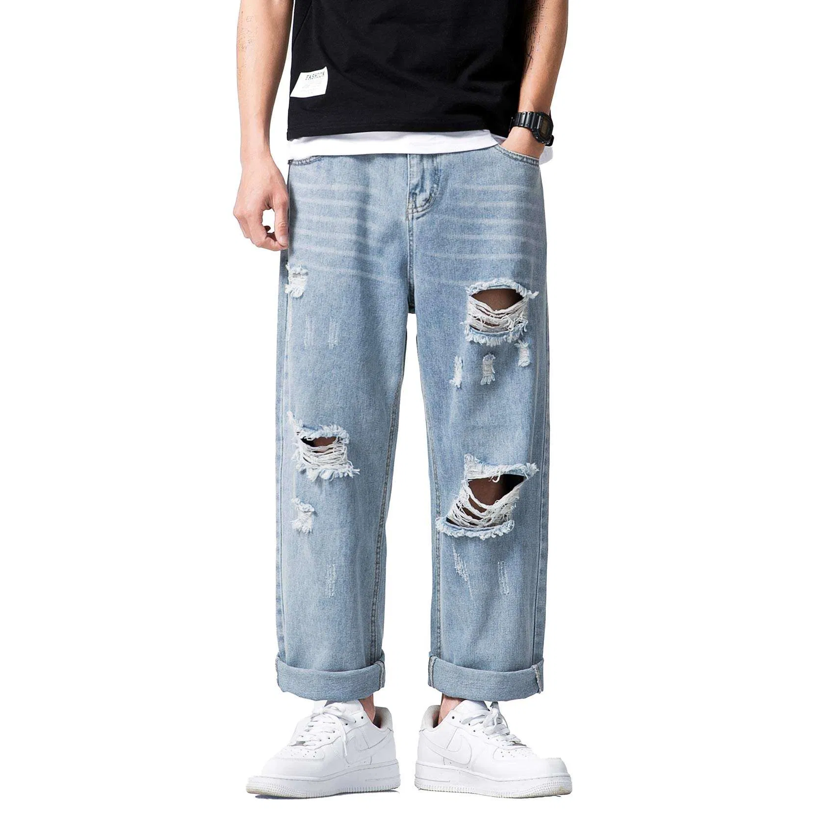 Fall Fashion Men's Street Style Washed and Frayed Distressed Casual Jeans