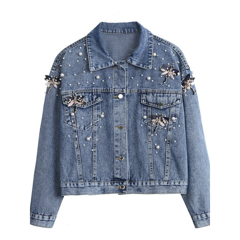 High-Quality Wholesale Autumn Pearl-Dragonfly-Decorated Lapel-Collar Single-Breasted Cropped Chic Women's Denim Jacket