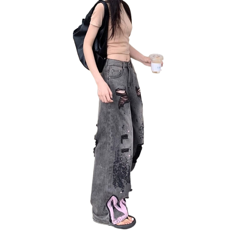 Retro Distressed Graffiti Ripped Ladies' Denim Pants American Style Hot Girl Loose Slim Fitting Straight Leg Trousers Wide Leg Long Pants Women's Jeans