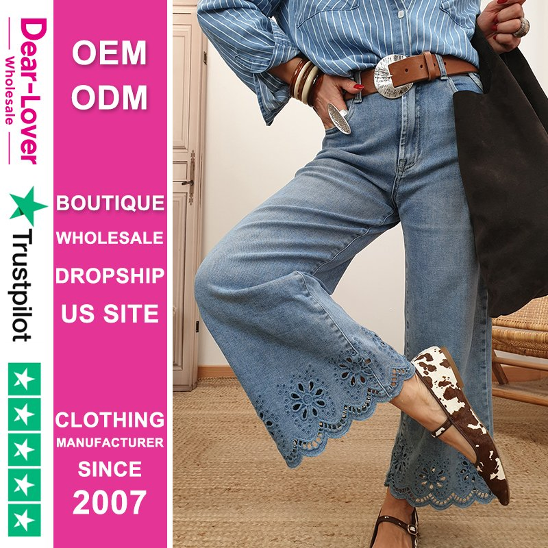 Dear-Lover Clothing Manufacturers Pantalones Mujer Western Boutique Fashion Trendy Embroidered Cropped Wide Leg High Waist Wholesale Jeans