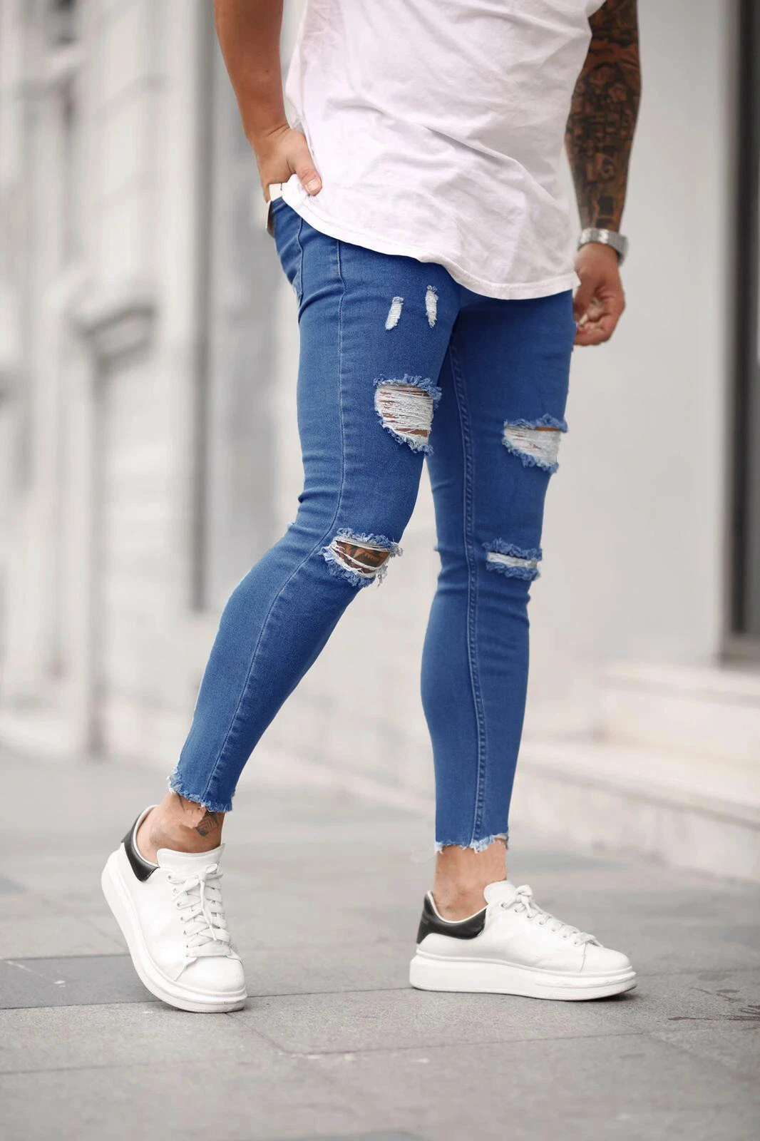Wholesale High Quality Men's Ripped Stretch Skinny Pencil Jeans Cropped Jeans