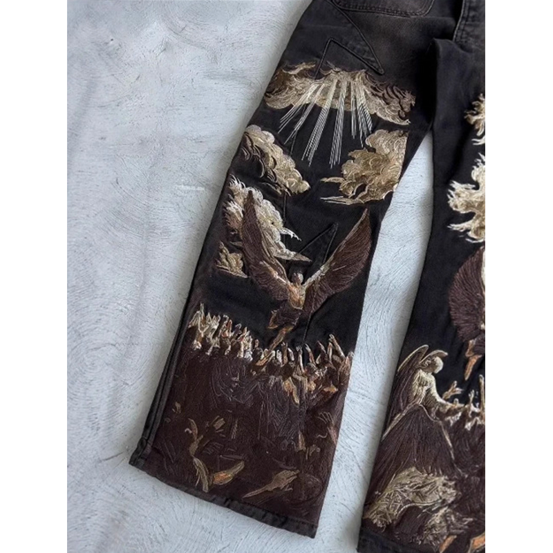 High-Quality Wholesale Hip-Hop Vintage Oversized Straight-Leg Acid-Washed Digital-Printed Black Men's Denim Jeans