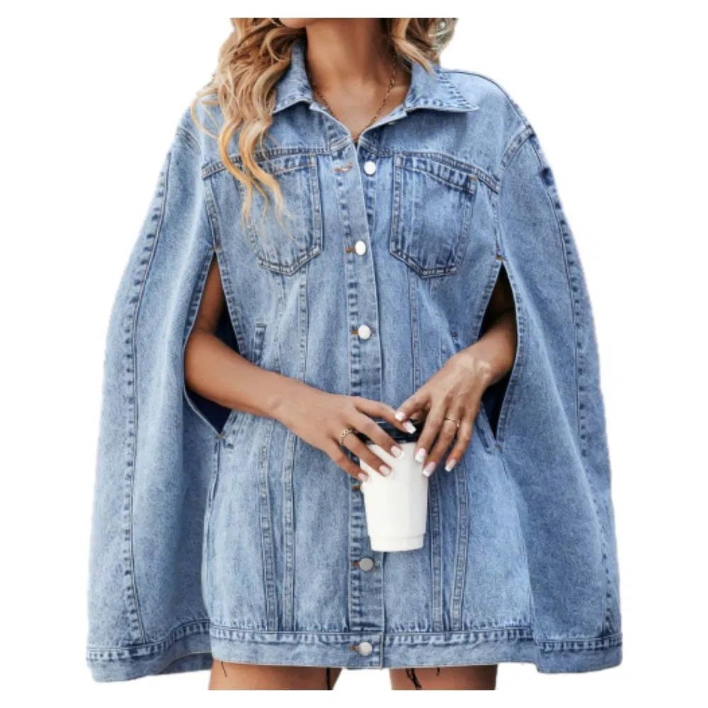 Amazon Best Selling Women's Denim Jacket New Design Oversized Distressed Denim Asymmetrical Hem Coat