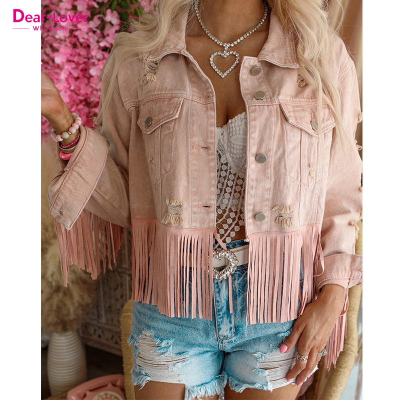 Dear-Lover Fashion Cotton Pink Distressed Fringed Cropped Jean Coat Outdoor Ladies Women Shacket Custom Denim Jacket