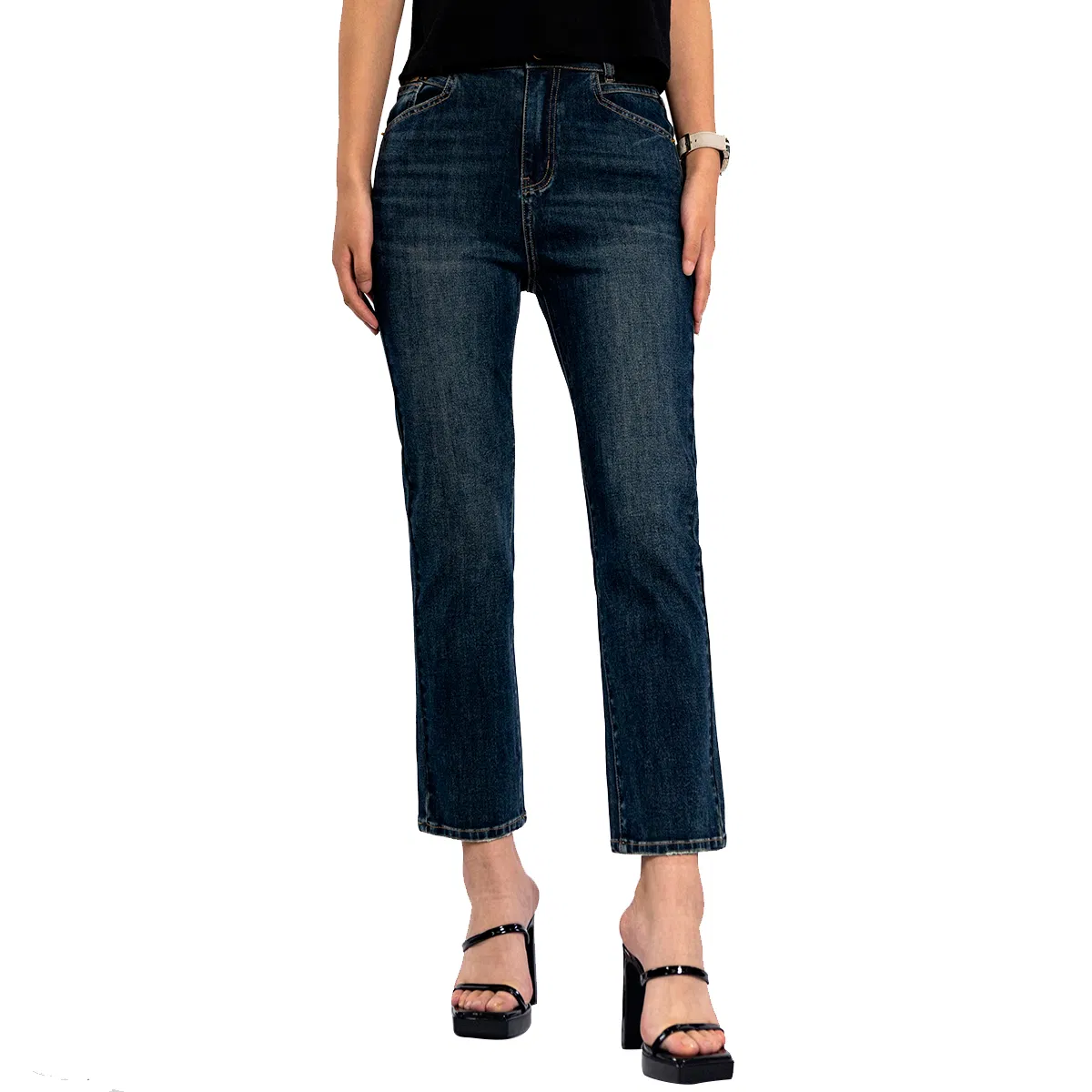 Vintage Blue MID Waist Stretch Straight Cropped Jeans for Women