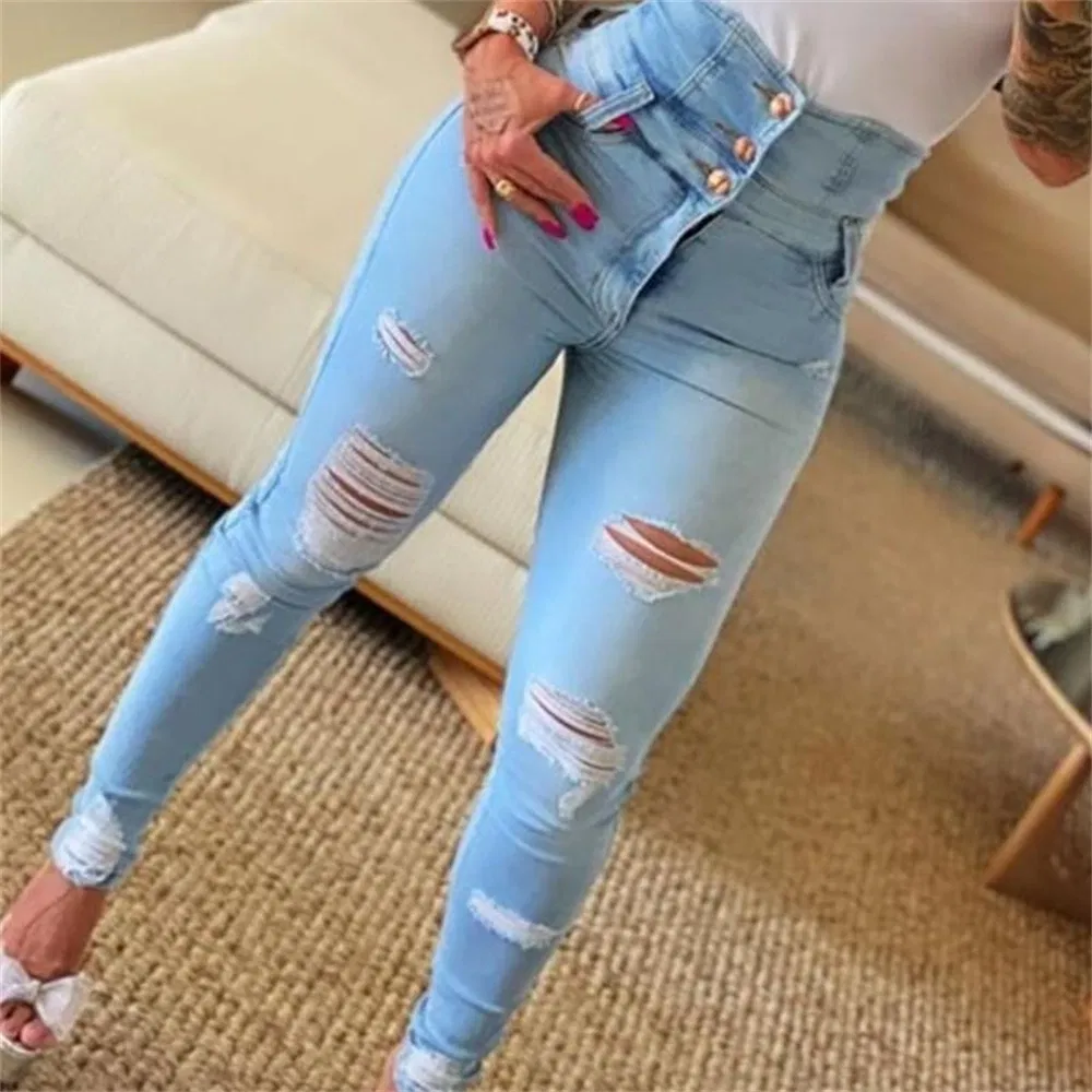 American High Waist Ripped Personality Trend Small Feet Trousers Women's Jeans
