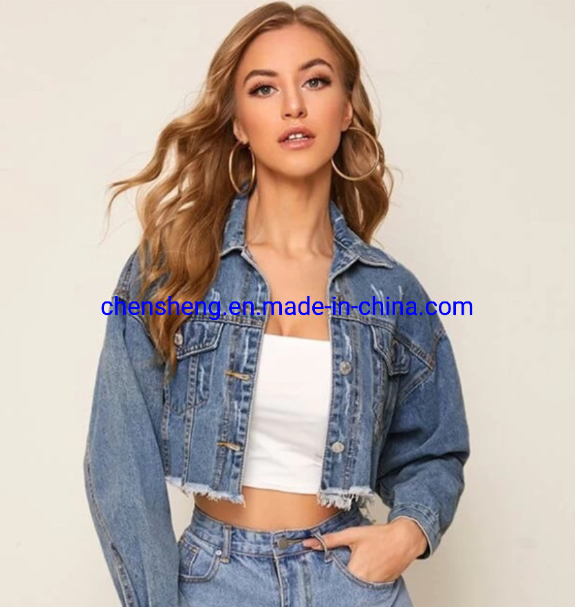 Wholesale Women's Lady Fashion Classic Frayed Cropped Washed Denim Jean Jacket Coat with Pocket