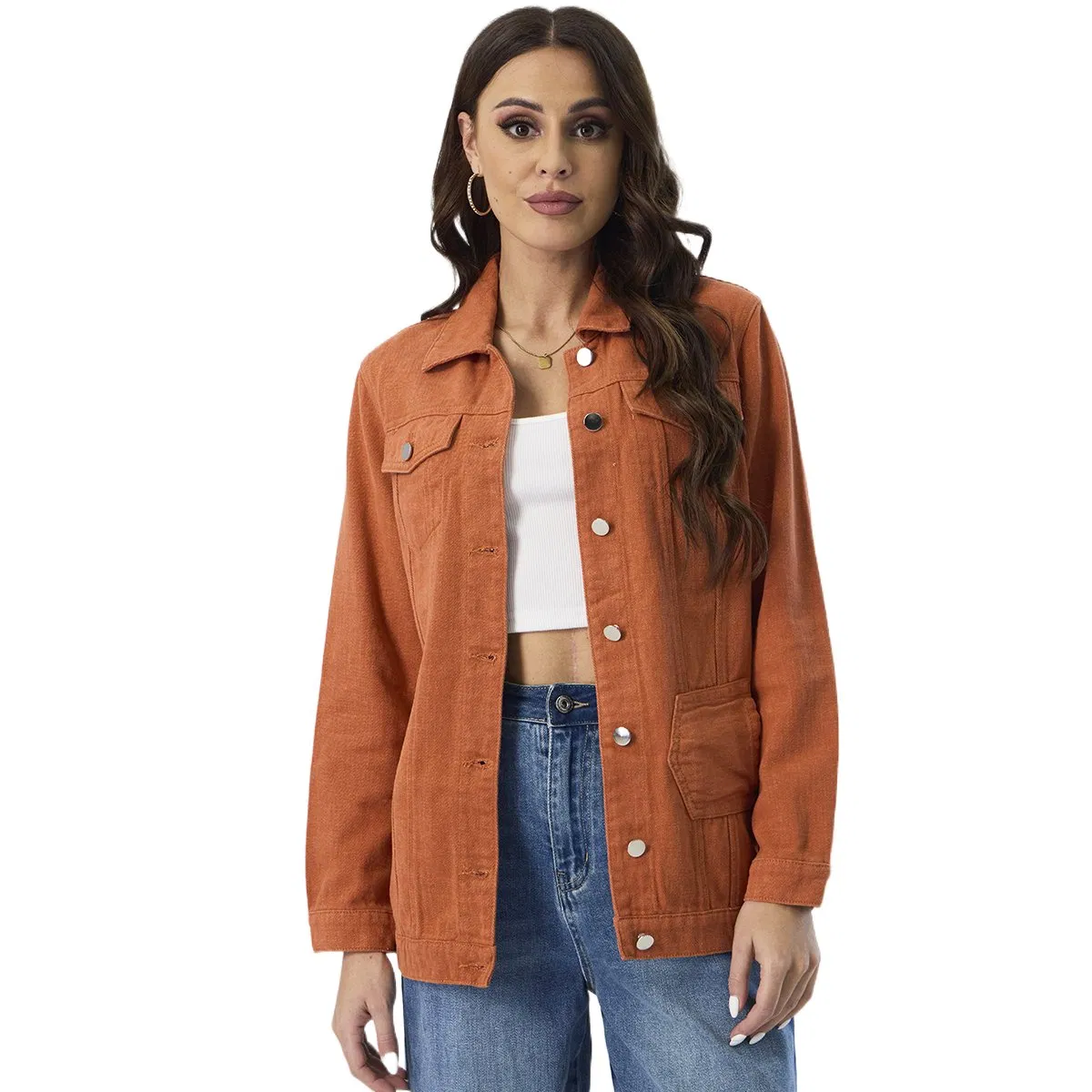 Custom Distressed Casual Brown Oversized Long Sleeve Denim Jacket for Women