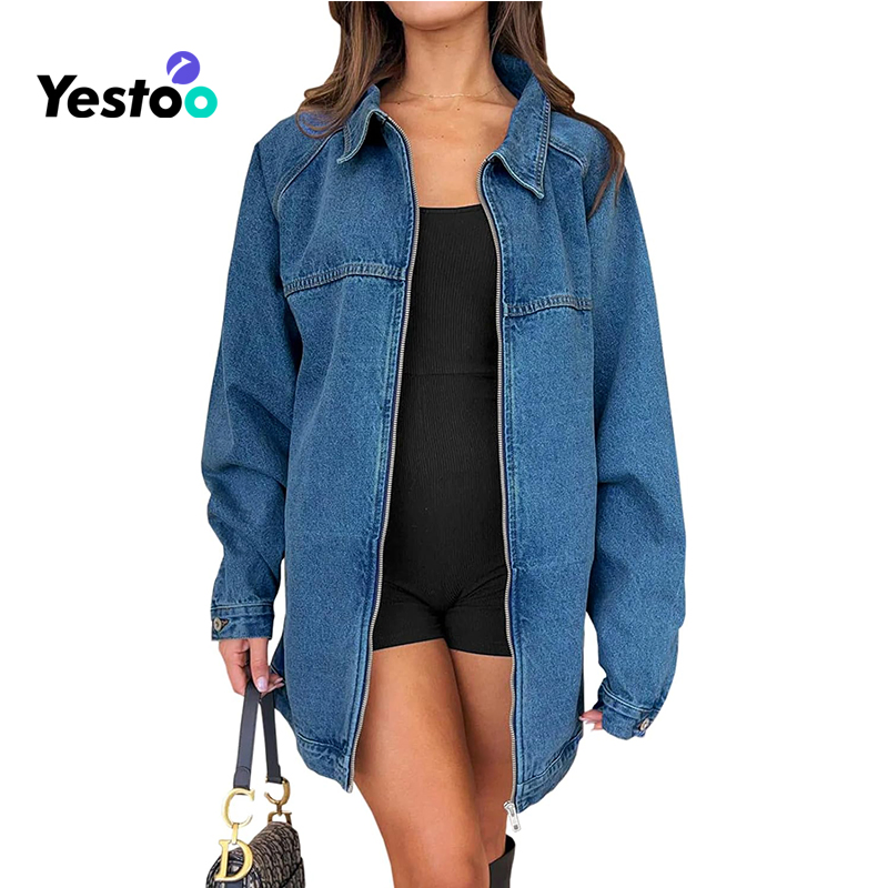 Women's Oversized Denim Jacket Zip Front Long Sleeve Pocket Casual